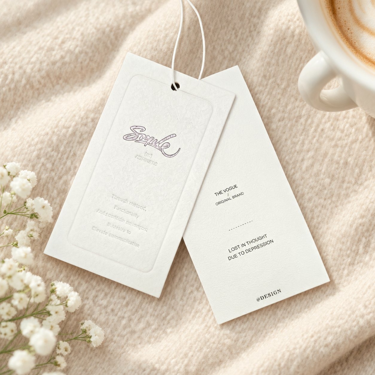 Minimalist white hang tags on soft knit fabric