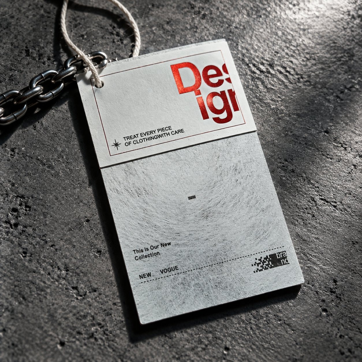 White textured hang tag with bold red foil typography