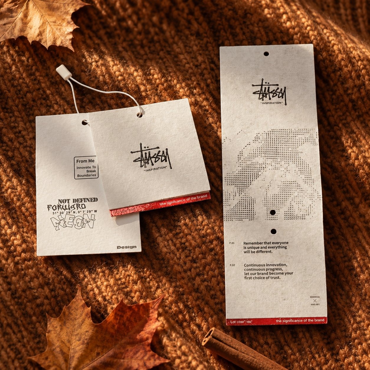 Streetwear hang tag set with red edge accents on knit